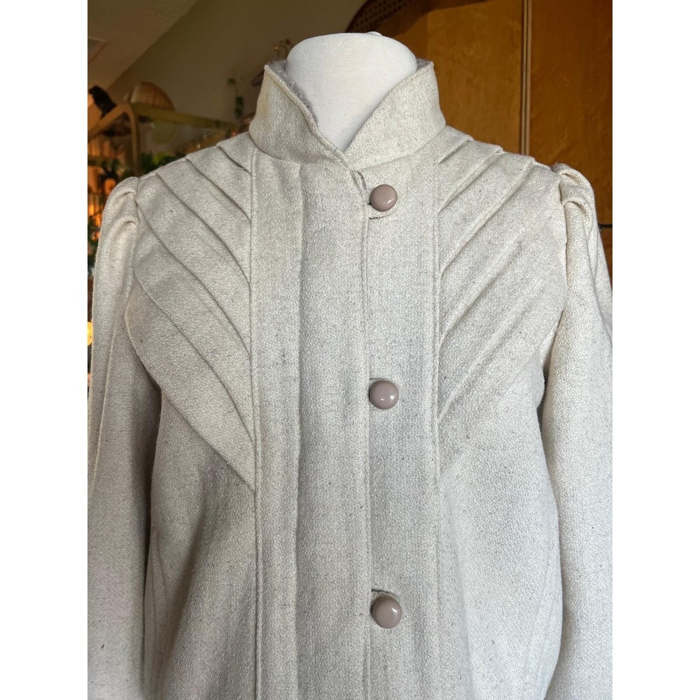 Vintage 70s Cream Wool Pleated Sunburst Jacket Puff Shoulder Quiet Luxury - Picture 9 of 16